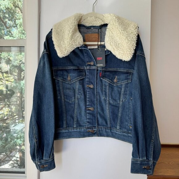 NWT Levi's Denim Jacket Sherpa Fleece Baby Bubble Trucker Jacket Dark Wash Small - Picture 4 of 13